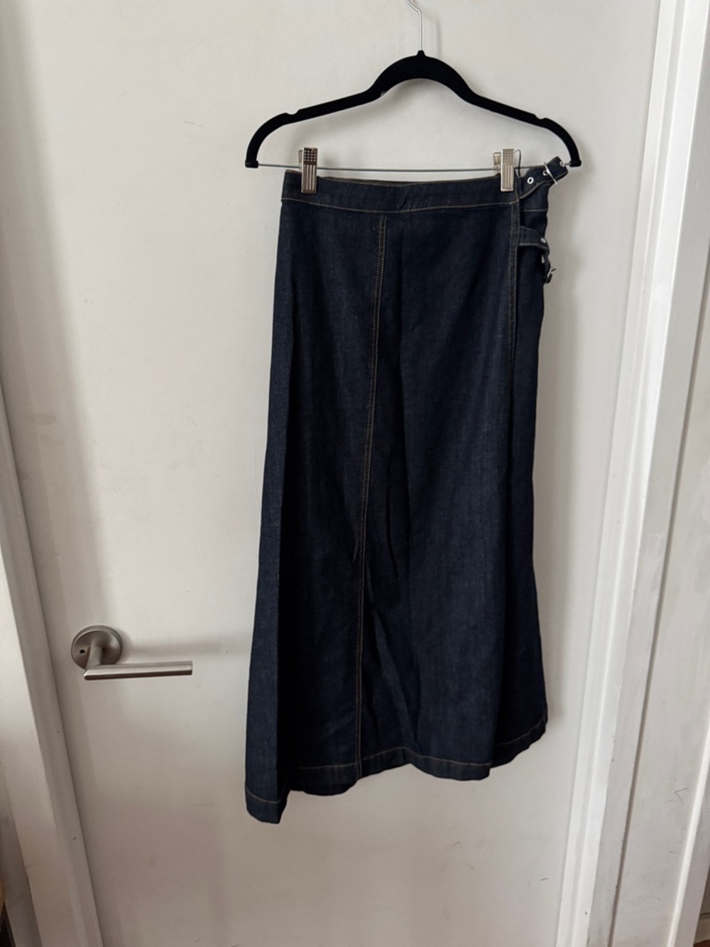 Wrap-Front Midi Denim Skirt in Dark Blue - Picture 4 of 7